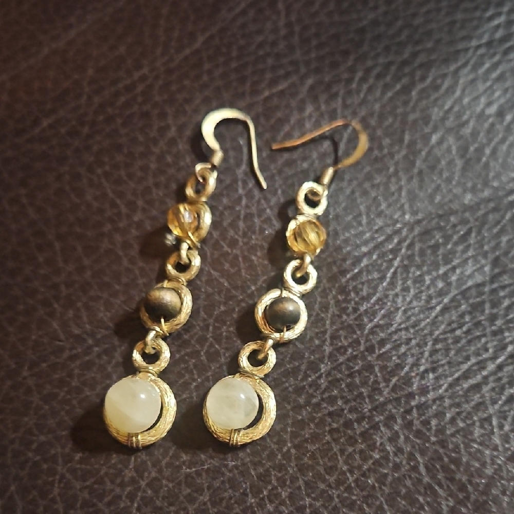 Gold Drop Earrings with Cream Stones - Women Jewelry